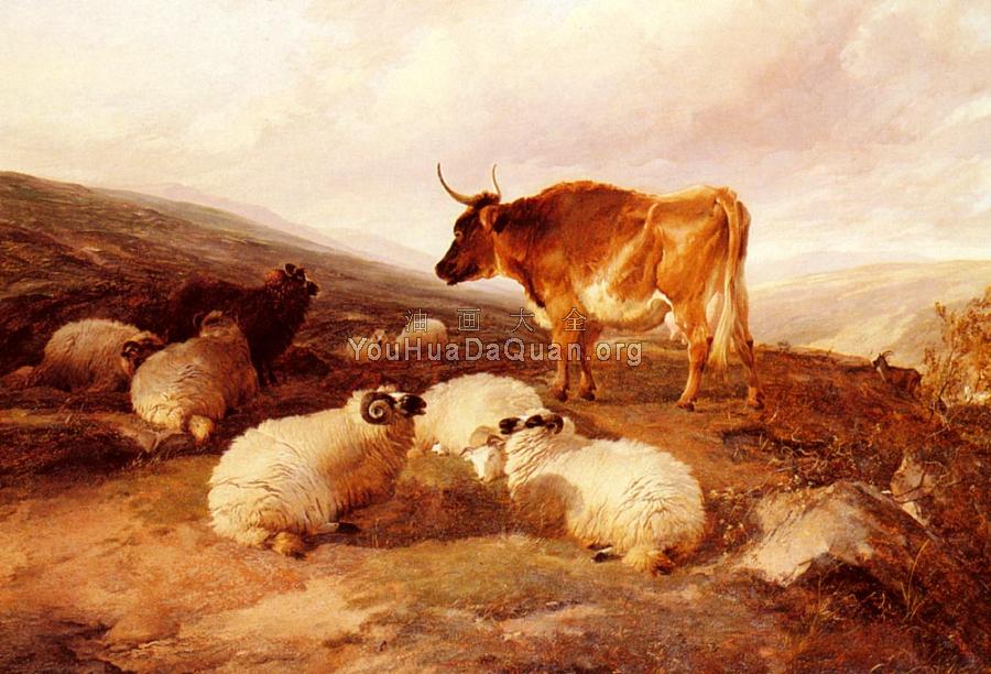 Rams And A Bull In A Highland Landscape - 托马斯·辛德尼·库珀
